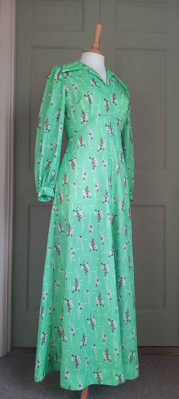 1970s Lime Green Long Sleeved Maxi Dress with Che… - image 10