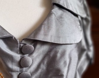 1980s Stunning Silver Raw Silk Taffeta Two Piece Puff Sleeve Jacket & Skirt Suit