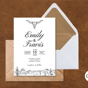 May include: A white wedding invitation with black text and a line drawing of a steer skull. The text reads "Emily & Travis, June 10, 2023, Sunday 4PM, Butterfly Church, 1234 Clotts Rd, Gahanna, OH 43022, reception to follow". The bottom of the invitation features a line drawing of a desert landscape with cacti.