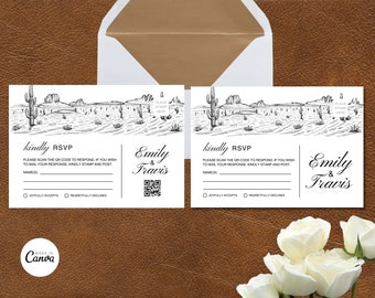 Wedding Invitation with QR Code, Western Wedding, Rustic wedding, Canva Template, western wedding invitation, Country  #C2