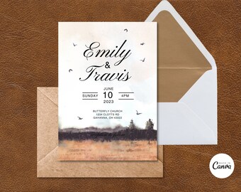 Op de afbeelding: Huwelijksuitnodiging met een aquarel achtergrond van een bos scène. De uitnodiging luidt "Emily & Travis" met de datum en tijd van de bruiloft: "June 10, 2023, 4PM". De locatie is vermeld als "Butterfly Church, 1234 Clotts Rd, Gahanna, OH 43022".