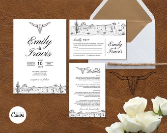 Wedding Invitation with QR Code, Western Wedding Invite Suite, Rustic wedding, Canva Template, western wedding invitation, Country  #C123