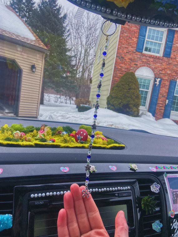 Blue and Silver Flower Car Charm Car Decor Rearview Mirror Accessory  Car Dangle