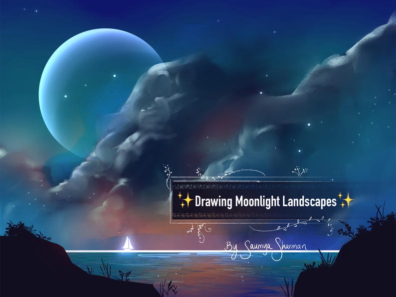 K&ouml;nnte beinhalten: Digitale Kunst, die eine Mondlandschaft darstellt. Ein gro&szlig;er, leuchtender blauer Mond dominiert den Himmel, mit dunklen Wolken und Sternen. Der Text "Drawing Moonlight Landscapes" wird auf einem Banner angezeigt, darunter der Name des K&uuml;nstlers.