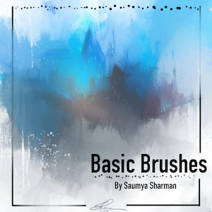 以下が含まれることがあります： 青と白を基調とした抽象的なアート作品。「Basic Brushes」の文字が太字の黒で表示され、その下に「By Saumya Sharman」と書かれています。黒い枠線が作品を囲んでいます。