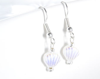White Sea Shell Earrings, Czech Glass Earrings, Seashell Earrings