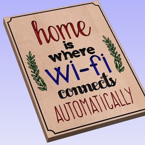 Puede incluir: Un letrero de madera con el texto "home is where wi-fi connects automatically" en letras rojas, azules y negras. El letrero está decorado con hojas verdes a cada lado del texto.
