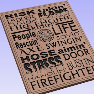 Op de afbeelding: Een houten bord met zwarte tekst die "RISK takin', LADDER CLIMBIN, FIRE ENGINE, People Rescuin', AXE SWINGIN', HOSE aimin', STRESS DOOR, HANDLIN' BUSTIN', FIREFIGHTER" luidt. Het bord heeft ook een brandweerbadge.