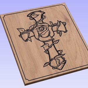 May include: A wooden plaque with a black and white illustration of a cross entwined with a rose.