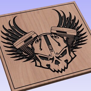 May include: A wooden plaque with a black and white design of a skull with wings and two engine pistons. The skull is wearing a helmet and has a menacing expression.
