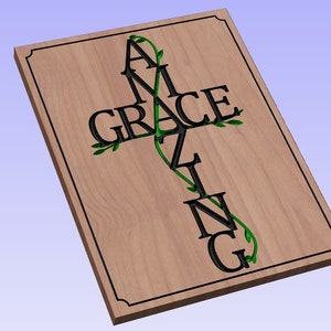 May include: Wooden sign with a cross design. The word "AMAZING" is spelled vertically on the cross, with the word "GRACE" spelled horizontally across the center of the cross. The letters are outlined in black and have a green vine design.