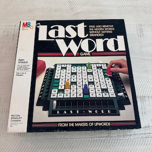May include: A vintage "Last Word" board game by Milton Bradley. The game box is black with red and white text, featuring a game board with letter tiles and colored game pieces. The game is for 2 to 4 players, ages 10 and up.
