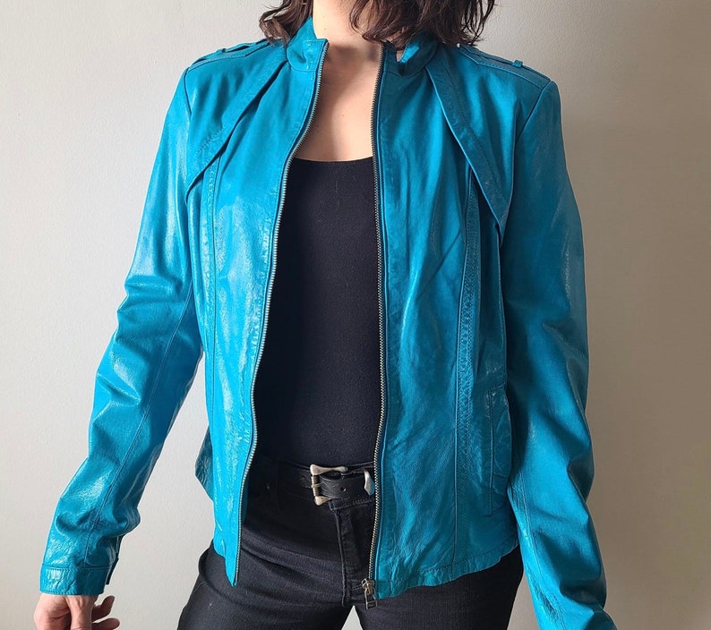 Turquoise Leather Jacket Danier Collection Women's Etsy Ireland