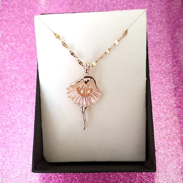 Rose Gold Ballerina Necklace and Precious Stones - Grandma gift - Mothers day Jewelry- minimalist-Little Girl Dancer- Stainless Steel