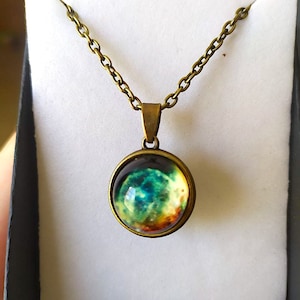 Two-sided pendant necklace Celestial Bodies Glass Sphere - Boho necklace - Nebula necklace - Antique Brass necklace - Planet Space jewelry