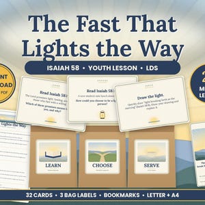 Può includere: Un kit di lezione per giovani intitolato The Fast That Lights the Way, che include schede di studio di Isaia 58, etichette per borse e segnalibri. Il set contiene testi didattici, attività e illustrazioni di paesaggi e albe in blu, marrone e verde.