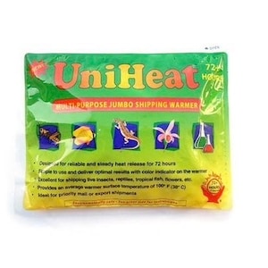 May include: A green and yellow UniHeat Multi-Purpose Jumbo Shipping Warmer. The package features the text "UniHeat" in red and orange, and includes illustrations of insects, fish, a lizard, a flower, and lab equipment. It provides heat for 72 hours.
