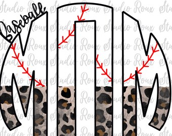 May include: A baseball-themed monogram design featuring the letters "MOM" with a leopard print pattern at the bottom. The word "Baseball" is written above the "M". Red stitching details resemble a baseball.