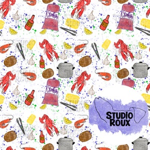 May include: A repeating pattern featuring red crawfish, shrimp, potatoes, corn, garlic, lemon slices, sauce bottles, and a bag of crawfish boil mix on a white background with blue and green paint splatters.