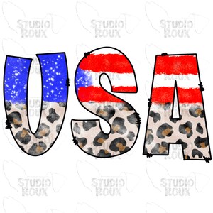 May include: USA spelled out in large letters with a red, white, and blue American flag design on the top half of each letter and a brown and tan leopard print design on the bottom half of each letter.