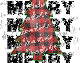 Merry Christmas Tree PNG Descarga digital - Diseños de sublimación de Navidad - Buffalo plaid PNG