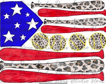 Softball Flag with leopard PNG Digital Download - softball Sublimation Designs - USA PNG