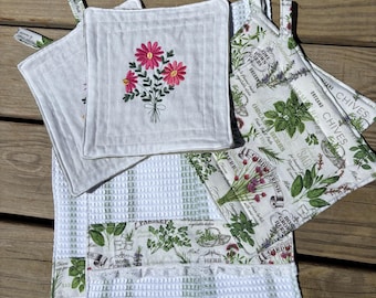 Botanischer Kräutergarten Geschirrtücher, Geschirrtücher, Topflappen Set