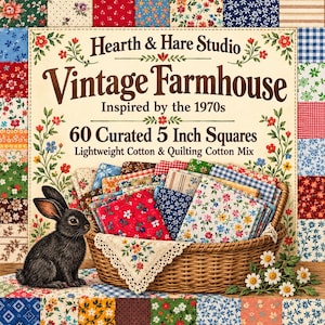 May include: A collection of 60 curated 5 inch squares of lightweight cotton and quilting cotton fabric in a woven basket. The label reads Hearth & Hare Studio Vintage Farmhouse Inspired by the 1970s. A black rabbit sits beside the basket.