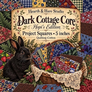 May include: A wicker basket filled with 5-inch quilting cotton fabric squares featuring floral, berry, and plaid patterns. A black rabbit sits beside the basket. The text reads Hearth & Hare Studio Dark Cottage Core Hopi's Edition.