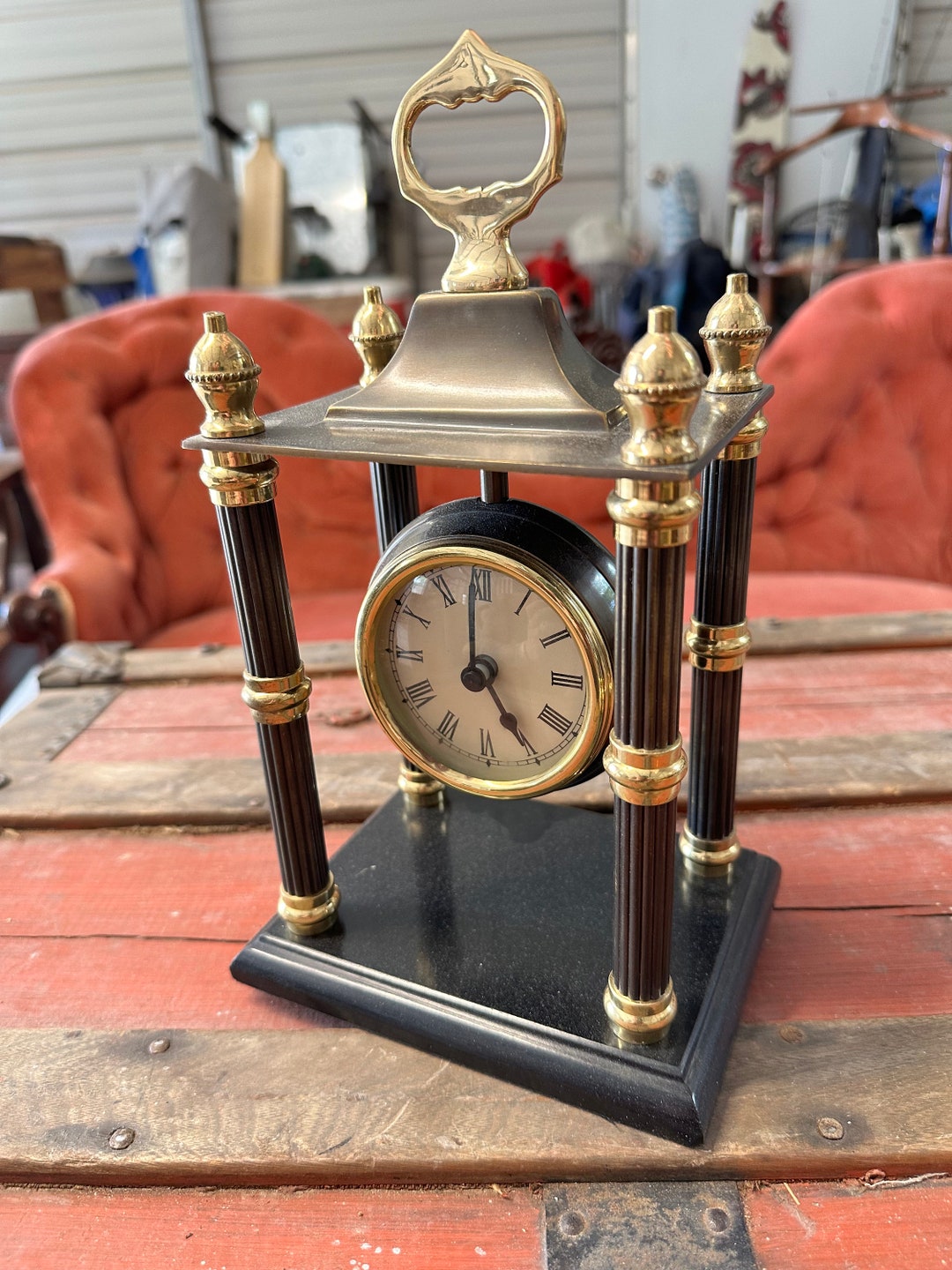 Vintage Bombay India Analog Mantel Clock Pillars Wood Brass Etsy