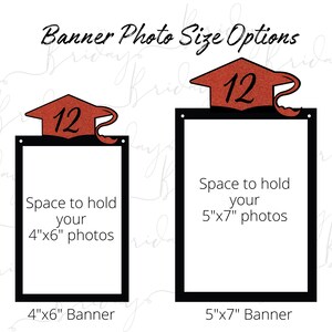 May include: Two graduation photo banner templates. The top banner is 5 inches by 7 inches and the bottom banner is 4 inches by 6 inches. Both banners have a red graduation cap with the number 12 on it.