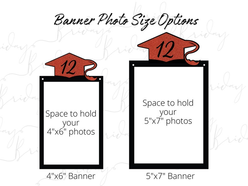 May include: Two graduation photo banner templates. The top banner is 5 inches by 7 inches and the bottom banner is 4 inches by 6 inches. Both banners have a red graduation cap with the number 12 on it.