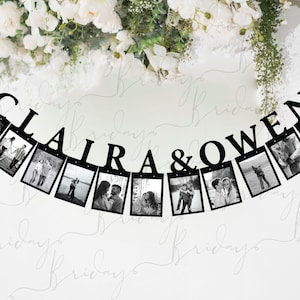 May include: Black and white photo banner with the names "CLAIRA & OWEN" in large letters. The banner has 10 photo slots, each with a black frame and a white border. The photos are of a couple.