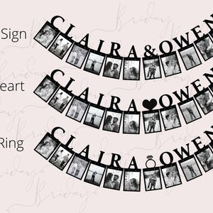 May include: Three black and white photo banner sets with the text "CLAIRA & OWEN" and a heart, ring, and sign icon. Each set has 10 photo slots.