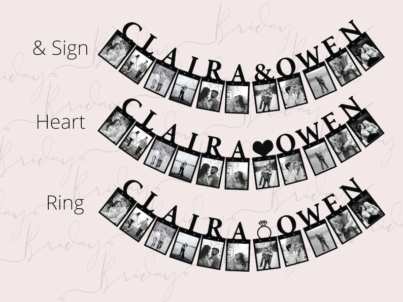May include: Three black and white photo banner sets with the text "CLAIRA & OWEN" and a heart, ring, and sign icon. Each set has 10 photo slots.