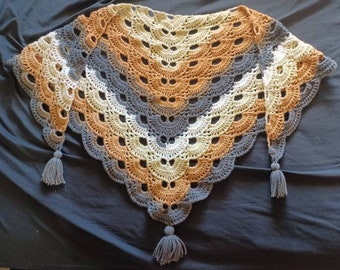 Virus Shawl | Handmade Crochet Gift | Tan Autumn Colors | Tassel Shawl