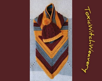 Hooded Scarf and Hat Set | Wizard House Theme Gift | Winter Wear | Wild Oleander Hooded Scarf | Cable Twist Hat | Handmade Crochet Warm