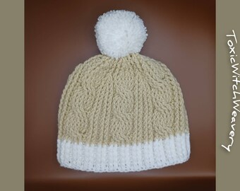 Crochet Cable Twist Hat | Beige & White | Handmade Winter Hat | Pom Pom Hat | Winter Wears