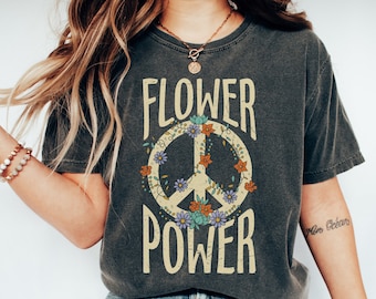 Flower Power Floral Peace Sign Comfort Colors Retro Vintage T-Shirt, Hippie Tee Vintage Inspired T-Shirt, Flower Child Tee, Festival Concert