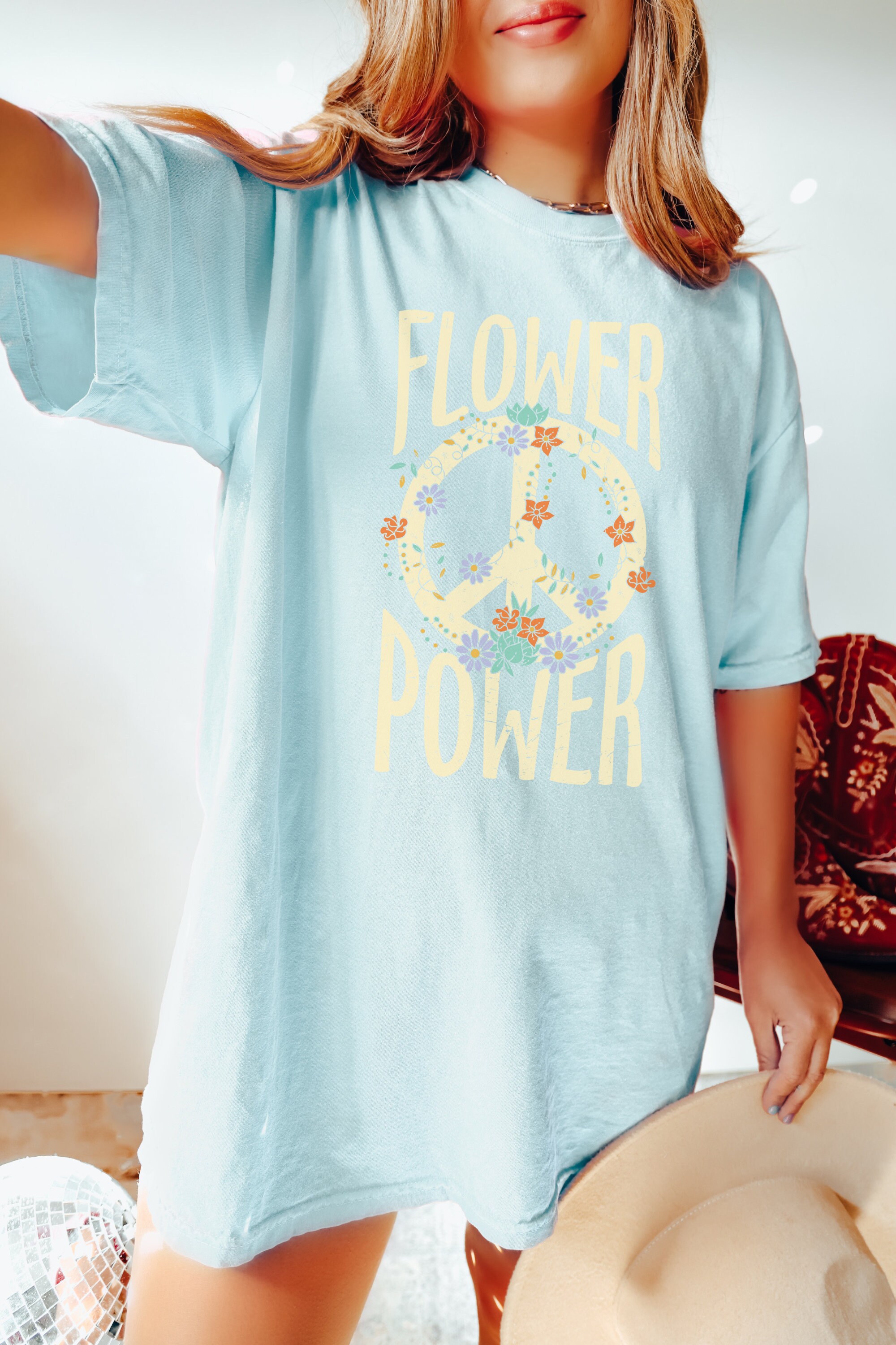 T-shirt Peace Flower Power - Design Années 60-70, Message Paix Et Amour | Coupe Classique, Manches Courtes, Unisexe