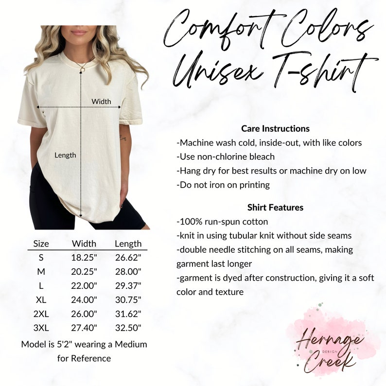 May include: A unisex t-shirt in a light beige color with the text "Comfort Colors Unisex T-shirt" at the top. The shirt has a crew neck and short sleeves. A size chart is shown with the measurements in inches. The text "Care Instructions" and "Shirt Features" are listed with details about the shirt's construction and care.