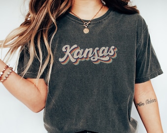 T-shirt d'inspiration vintage Kansas Retro Script Comfort Colors, chemise Kansas Pride, tee-shirt Kansas State, cadeau étudiant