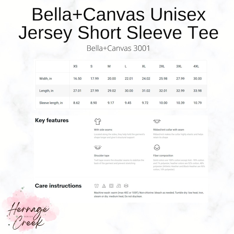 Puede incluir: Una tabla de tallas para una camiseta de manga corta de punto de jersey unisex. La tabla muestra el ancho, la longitud y la longitud de la manga en pulgadas para las tallas XS a 4XL. La tabla tambi&eacute;n incluye caracter&iacute;sticas clave de la camiseta, como costuras laterales, un cuello de punto de canal&eacute; con costura, cinta de hombro y composici&oacute;n de la fibra. Las instrucciones de cuidado tambi&eacute;n se enumeran: lavar a m&aacute;quina con agua tibia, blanqueador sin cloro seg&uacute;n sea necesario, secar en secadora a baja temperatura, planchar, vaporizar o secar a fuego medio, no lavar en seco.
