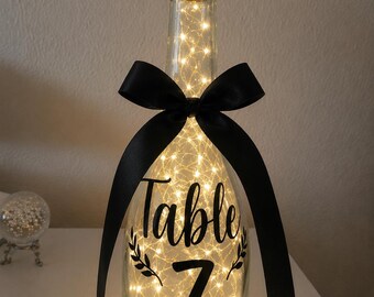 Set of 8 Lighted Wine Bottle Table Numbers | Personalized Wedding Centerpiece | Fairy Light Bottle Decor | Reception Table flower vase