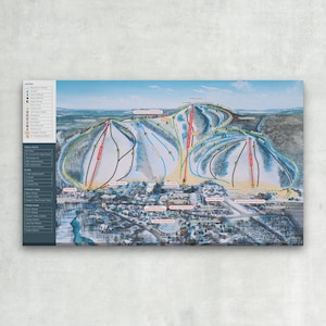 May include: A detailed ski resort map with blue, green, and red lines representing different ski trails. The map shows the layout of the resort, including lifts, lodges, and other amenities. The map is titled "Mountain Adventure Zone".