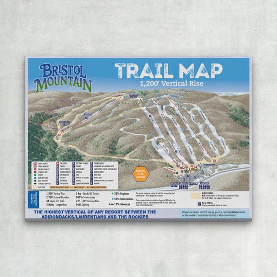 Bristol Mountain Trail Map Wrapped Canvas 2021 Bristol Mountain New York Ski Trail - Etsy