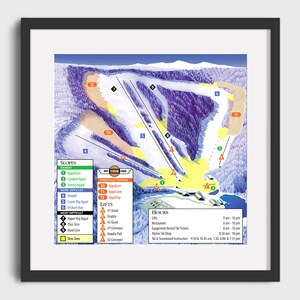 May include: A ski resort map with a colorful illustration of the mountain slopes and trails. The map shows the names of the slopes, the difficulty levels, and the locations of the lifts. The map also includes a legend with information about the different types of slopes and lifts. The map is titled "Snow Trails" and includes the text "Freestyle Terrain" and "Lifts".