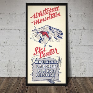 Puede incluir: Cartel vintage que anuncia el Whiteface Mountain Ski Center. El cartel presenta un esquiador en rojo y una escena de montaña, con texto en rojo y azul. El cartel dice "New York State's Largest, Finest, Highest."