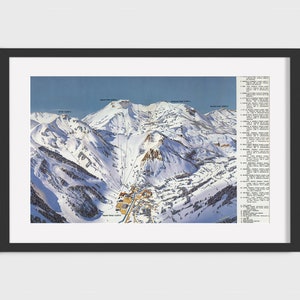 May include: A vintage ski resort map with a detailed aerial view of the slopes and trails. The map shows the location of the base village, ski lifts, and mountain peaks. The text on the map includes the names of the trails and the elevation of the peaks.