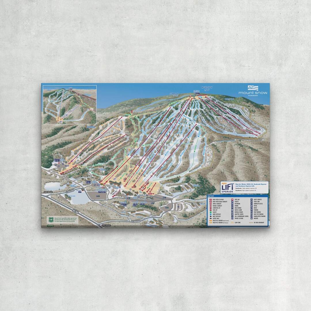 WRAPPED CANVAS 2023 Mount Snow Ski Map Ski Home Decor, Ski Lodge Wall